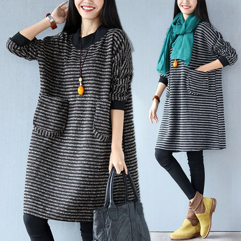 Женское вязаное платье-блузка в полоску Элегантное длинное теплое Свободное