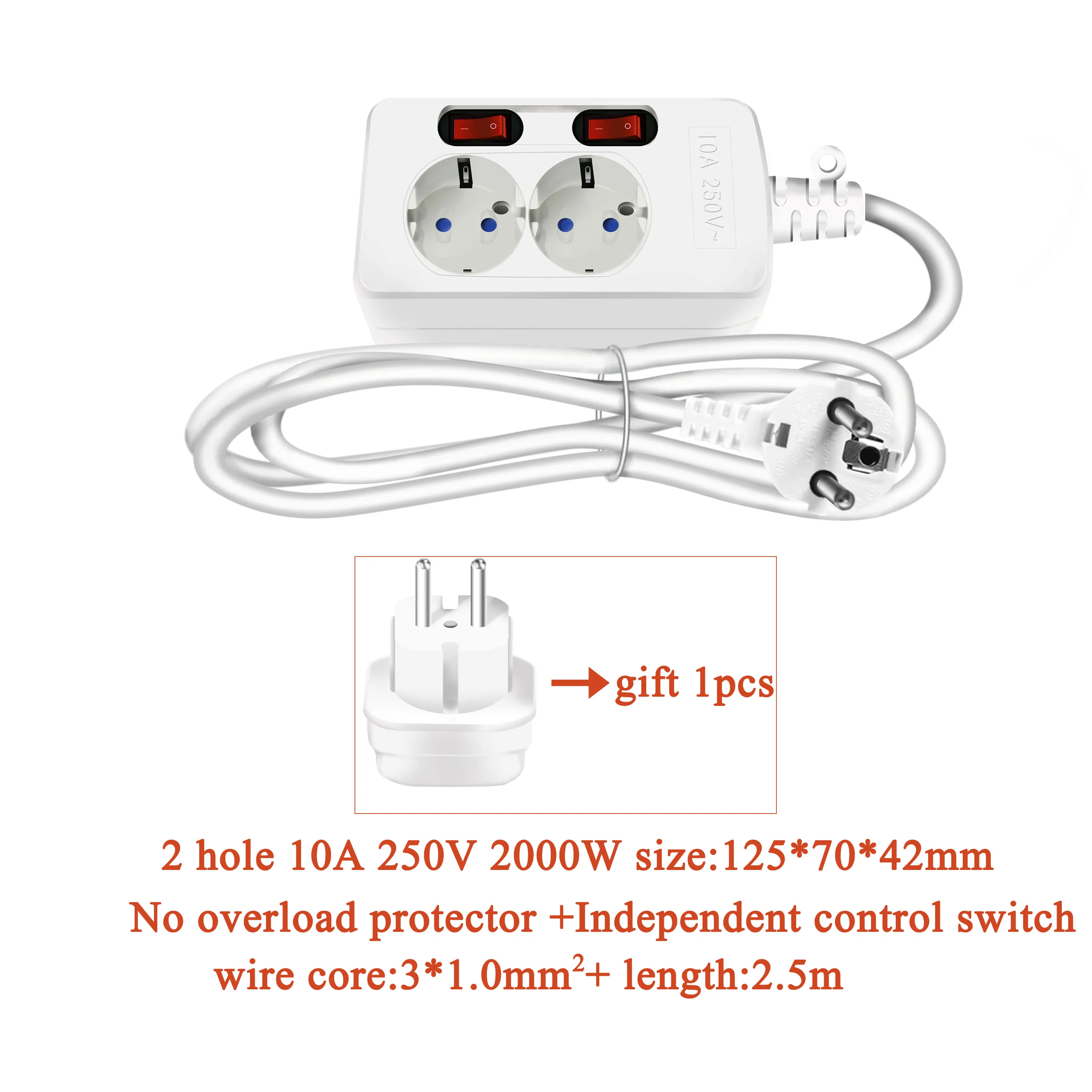 2 SOCKET NO USB Штепсельная Вилка европейского стандарта 1,5/2,5 m 2/3/6 расширители 250V 10A/16A индивидуально Switched Мощность полосы 3AC 2USB розетки Зарядное устройство разъем адаптера - Цвет: 2 SOCKET NO USB