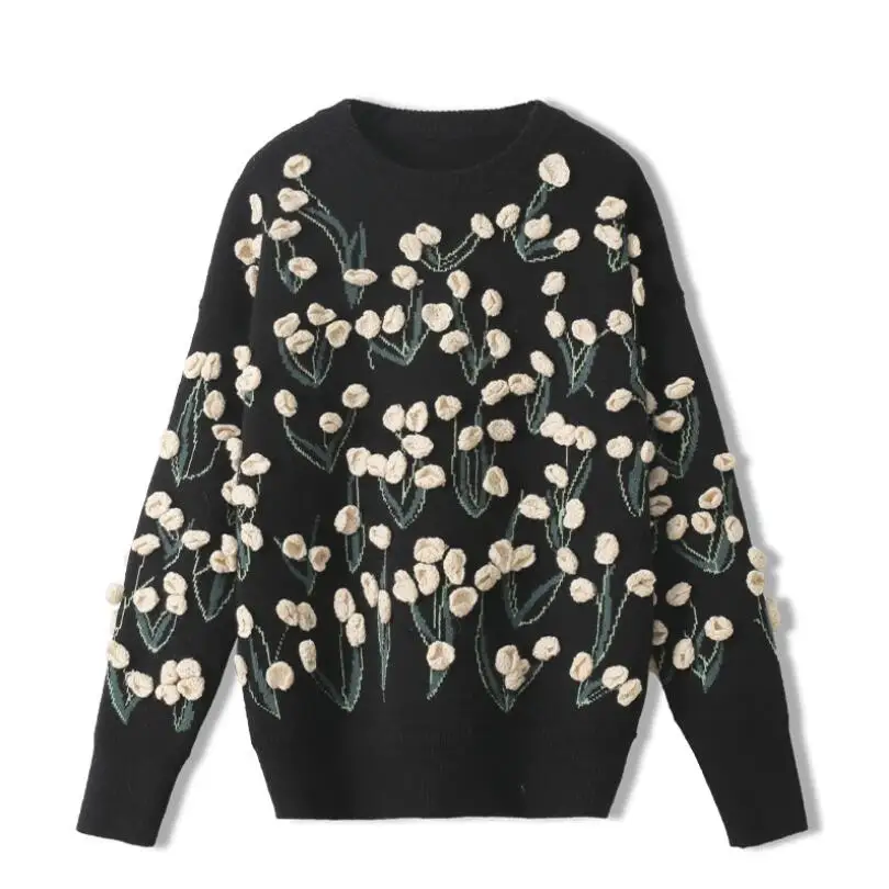 

Thick Autumn Winter Sweater Women 2020 New Hand Crocet 3D Floral Pullover Three-dimensional flower embroidery sweet tops p2057