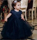 2022 темно-синие платья для девочек с жемчугом и цветочным принтом, небольшие платья из тюля с открытой спиной для свадьбы, причастия, наряды