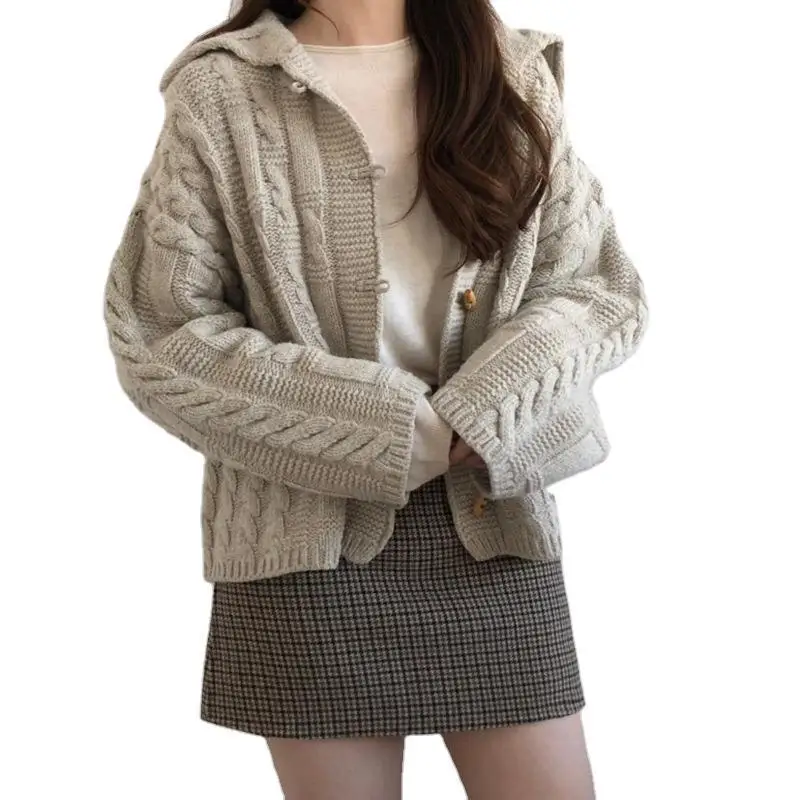 

College style wool knitted cardigan women's winter Navy collar button coat versatile top