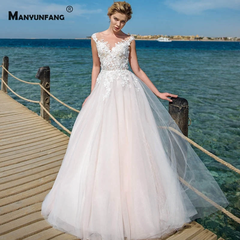 

2021 New Arrival O-Neck Button Chapel Train Bridal Ball Gown Custom Made Cap Sleeve Embroidery Appliques Tulle Wedding Dress