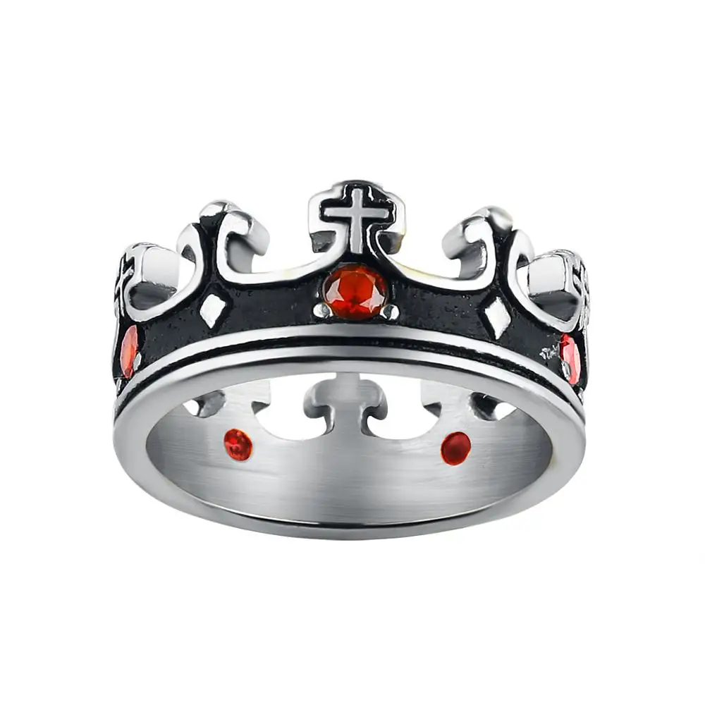 Silver Valily мужское кольцо с короной, черная Королевская корона, Рыцарский крест, кольца из нержавеющей стали, красный циркон, обручальное кольцо для женщин и мужчин - Цвет основного камня: Silver