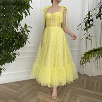 sevintage yellow short prom dresses tea length ruffle buttons bow straps wedding party gown hearty tulle graduation dresses