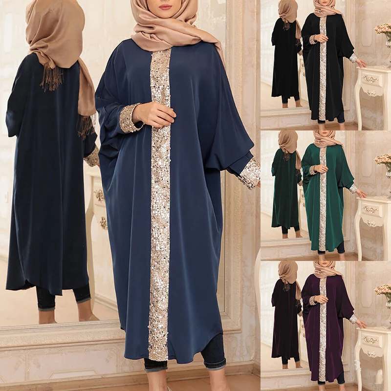 Повседневная Абая для мусульман Дубай Caftan с блестками рукав летучая мышь платье