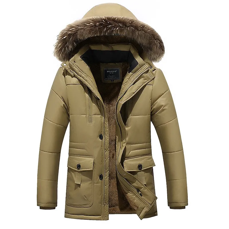 light khaki Размера плюс M~ 7XL 8XL Зимняя парка Для мужчин теплая флисовая Меховая Куртка Пальто Верхняя одежда с капюшоном мужская с капюшоном и карманами; Верхняя одежда с защитой от ветра - Цвет: light khaki