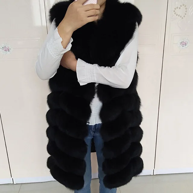 black Женский жилет из искусственного меха лисы для куртка Женское пальто толстый теплый жилет Модные длинные меховые пальто CA3249 - Цвет: black