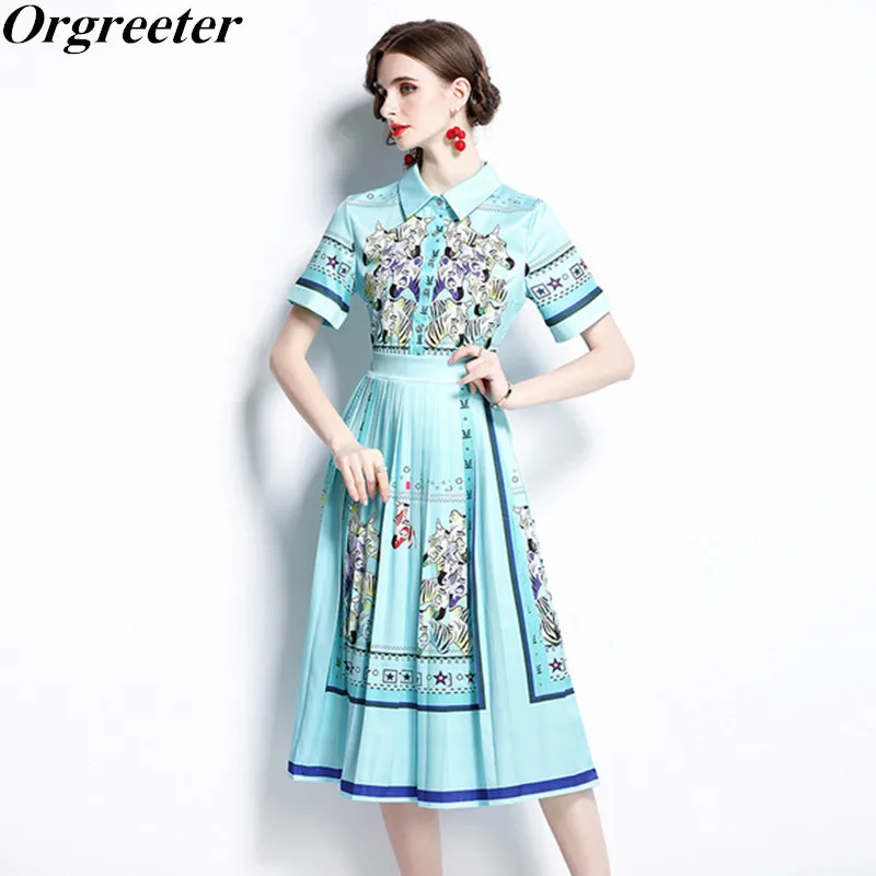 

High-end Retro Printted Long Dress Robe Femme Lapel Short Sleeve Slim Pleated Mid Shirt Dresses Fashion Casual Women's Clothes