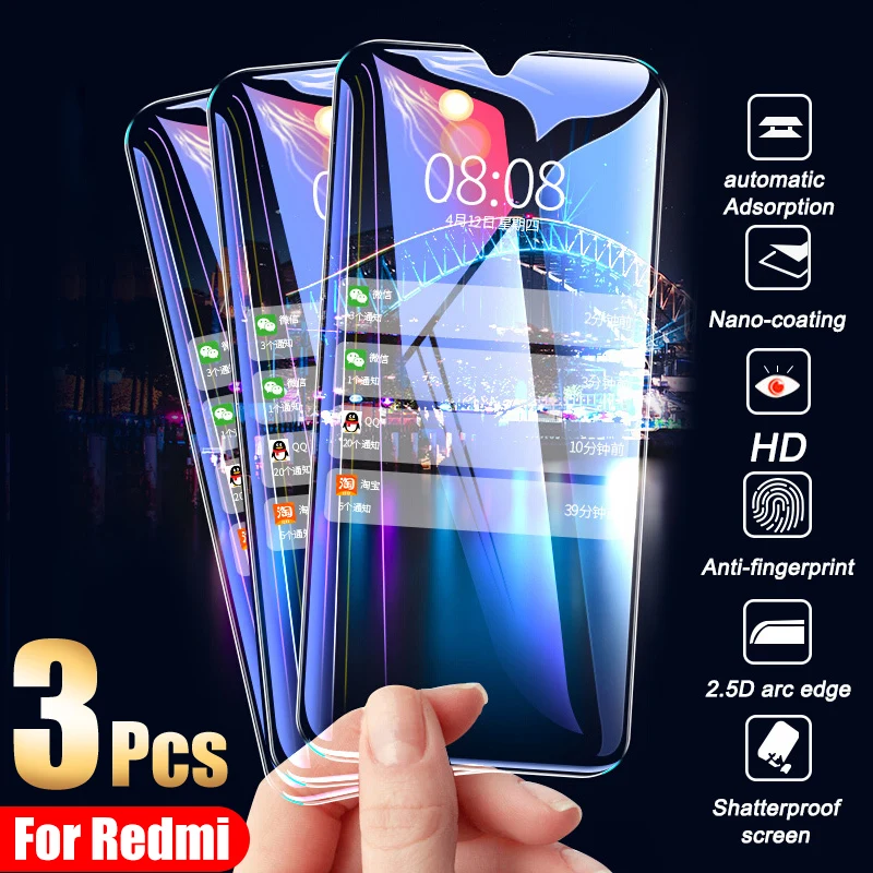 

3Pcs Full Cover Tempered Glass on for Redmi Note 8 7 Pro 8A 7A 8T Screen Protector Protective glass on Redmi 7 8 Curved Edge