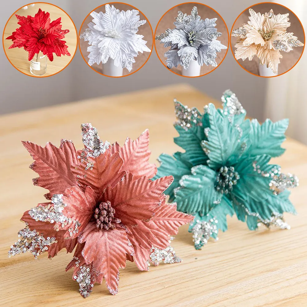 

1pcs Glitter Artifical Christmas Flowers Christmas Tree Decorations For Home Fake Flowers Wedding Xmas Ornaments New Year Decor