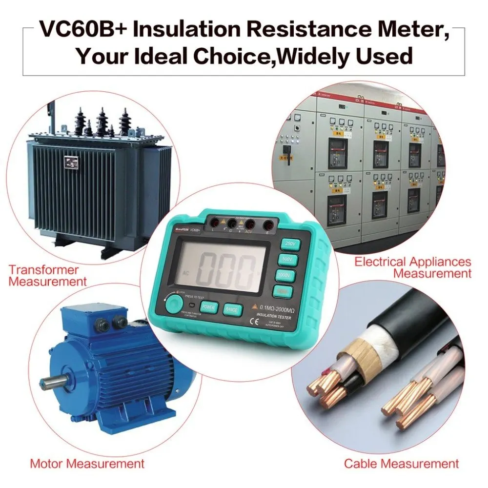 

VC60B+ 1000V Digital Auto Range Insulation Resistance Meter Tester Megohmmeter Megger High Voltage LED Indication
