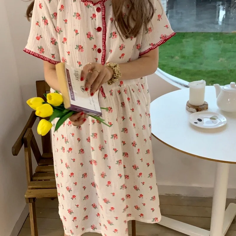 

Cotton Dress Women Girl Korean Floral Print Nightwear Summer 2021 Sleepwear Lace Nightgrown Sweet Short Sleeve Nighty for Ladies