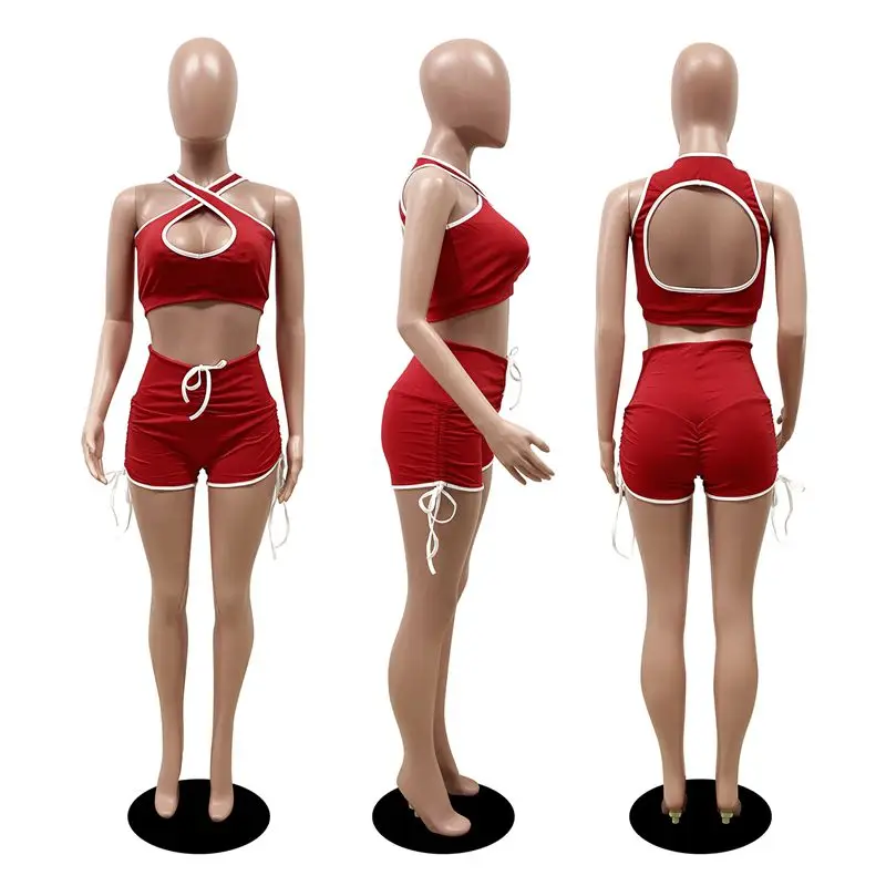 

ZKYZWX Fashion Women Solid Sleeveless Cross Tank Tops Sexy Biker Shorts Skinny Sweatsuit Night Party Two Piece Set Outfit