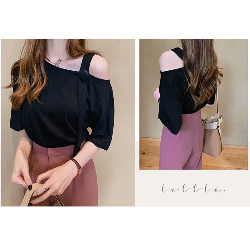 2021 модная летняя футболка с короткими рукавами и Цвет косой воротник шифоновая