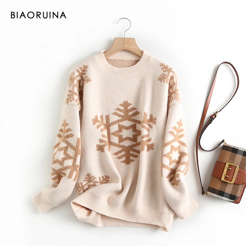 BIAORUINA Для женщин 3 цвета со снежинками жаккардовый свободный свитер с О образным