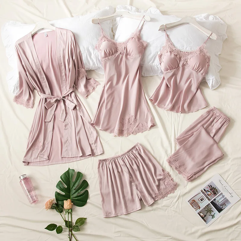 5 Piece Pajamas Sets Women Sleepwear Faux Silk Pijama Suit With Lace Silky Kimono Bathrobe Gown Nightwear Sexy Home Clothes
5 Piece Pajamas Sets Women Sleepwear Faux Silk Pijama Suit With Lace Silky Kimono Bathrobe Gown Nightwear Sexy Home Clothes