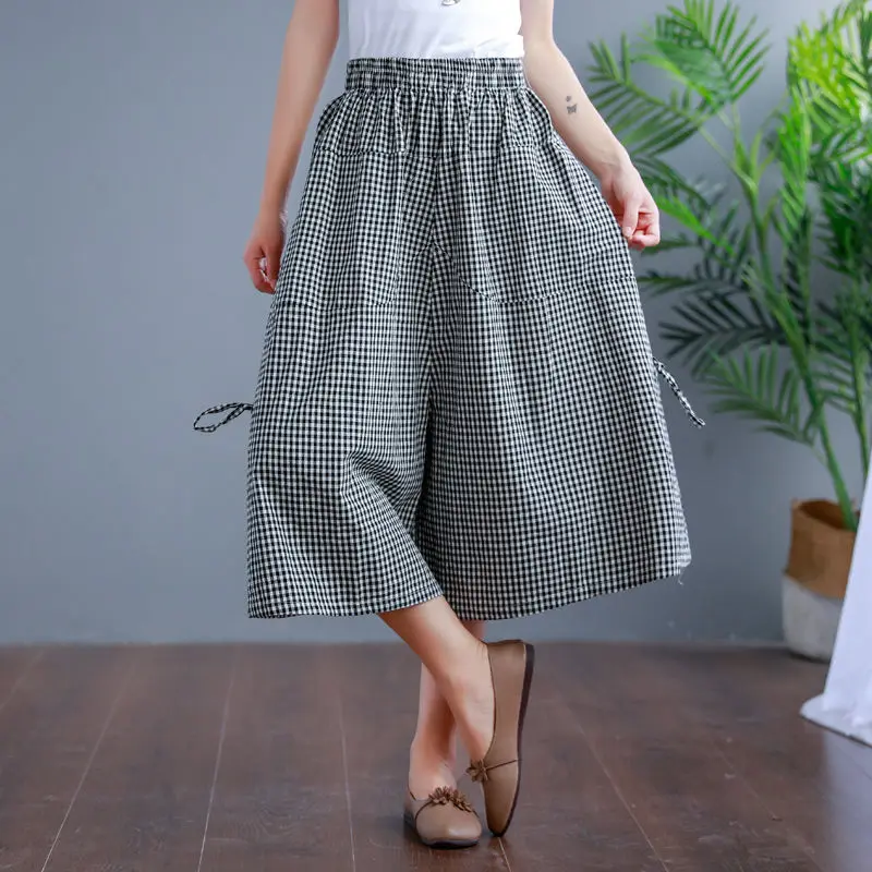 

summer Korean version of the young and middle-aged women's plaid drawstring skirt pants fashionable western loose wide-leg pants