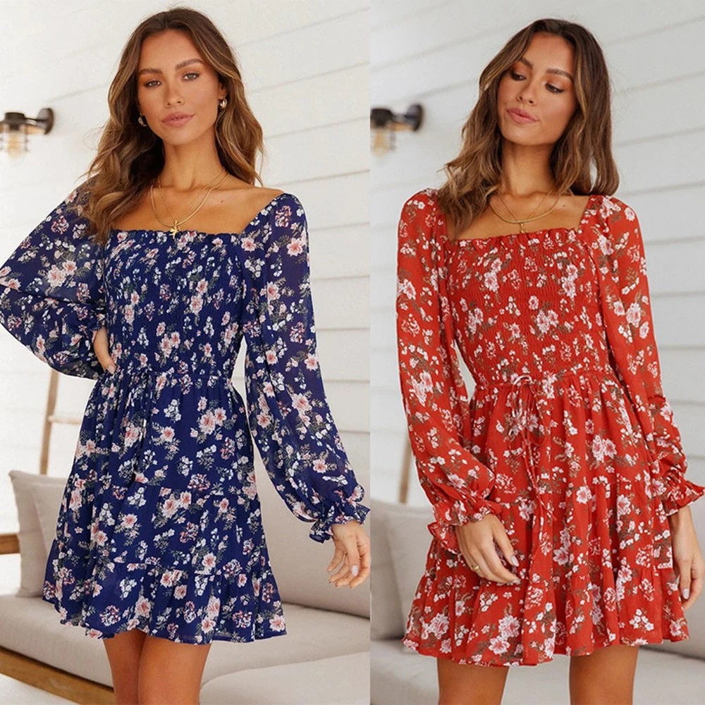 

2021 Sexy Off Shoulder Long Sleeve Floral Dress Autumn Square Collar Backless Party Mini Lantern Sleeve Dresses