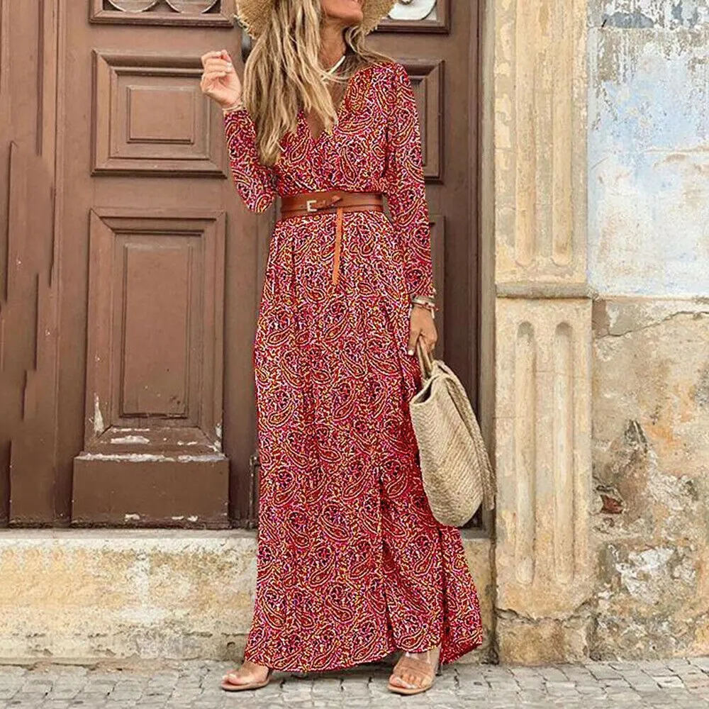 

2021 Summer Beach Maxi Dress Women Floral Print Boho Long Dress Casual V-Neck Split Sexy Party Dress Robe Femme