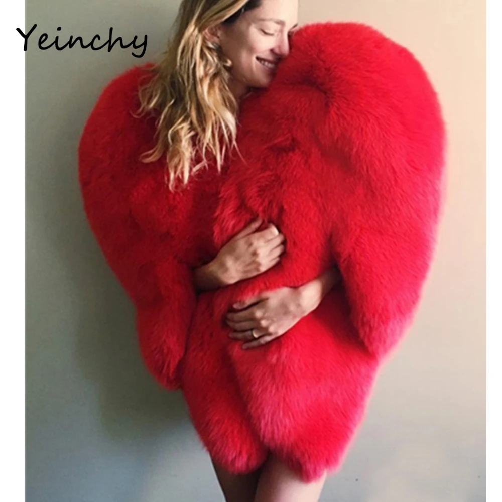 Yeinchy women fashion jacket ladies faux fur Autumn And Winter big red heart style coat FM6291