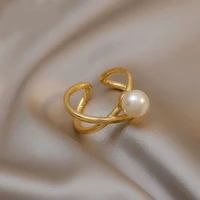 oeing hot selling fashion golden color open ring woman simple style single pearl ring jewelry 2021