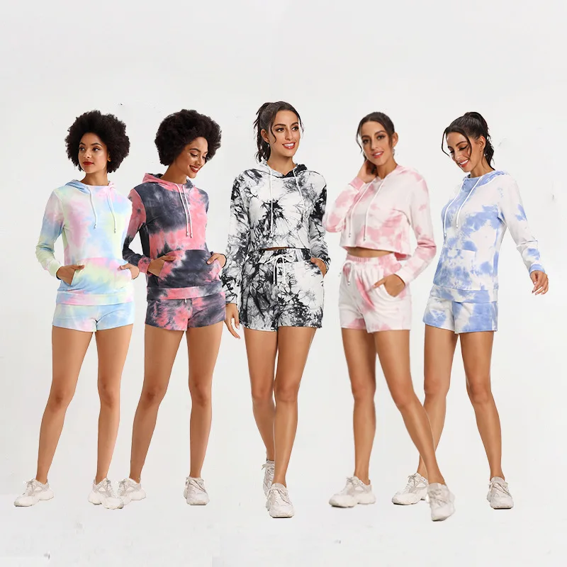 

NWT Tie Dye CroSweater+Leisure Drawstring ShortsSportsSetsWomenCottonHoodedGymWorkoutLongSweater+Shorts