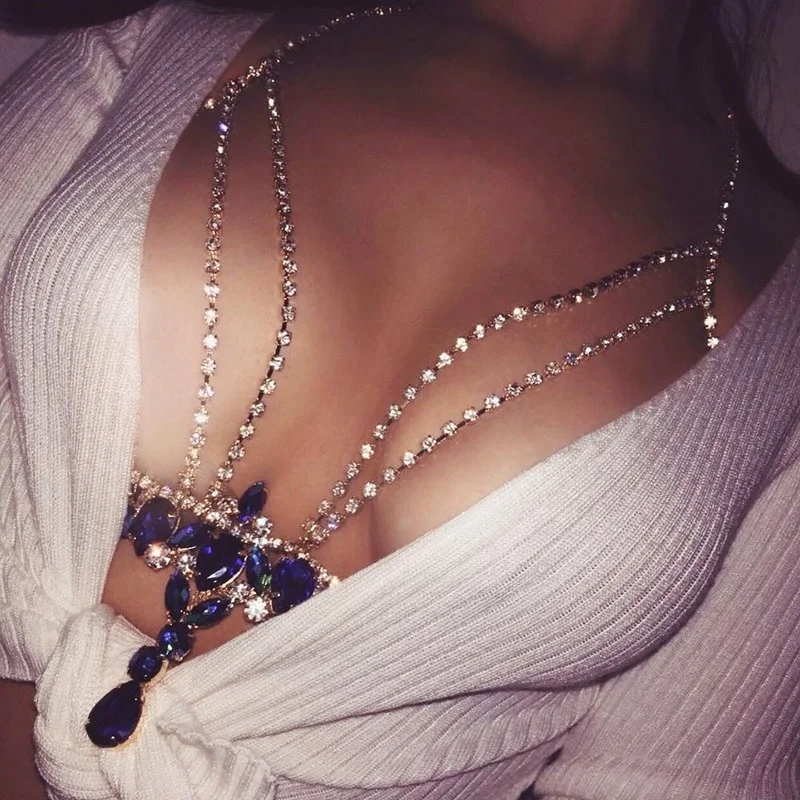 

Trend Shining Rhinestone Necklace Chest Chain Sexy Sapphire Crystal Bikini Body Chain Necklace Women Body Jewelry