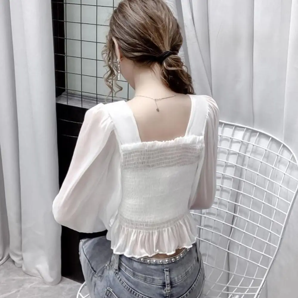 

Square Neck Blouse Sexy Women Long Puff Sleeve Waist Tight Chiffon Thin Blouse Tops For Daily Wear Office Street Wear Dating