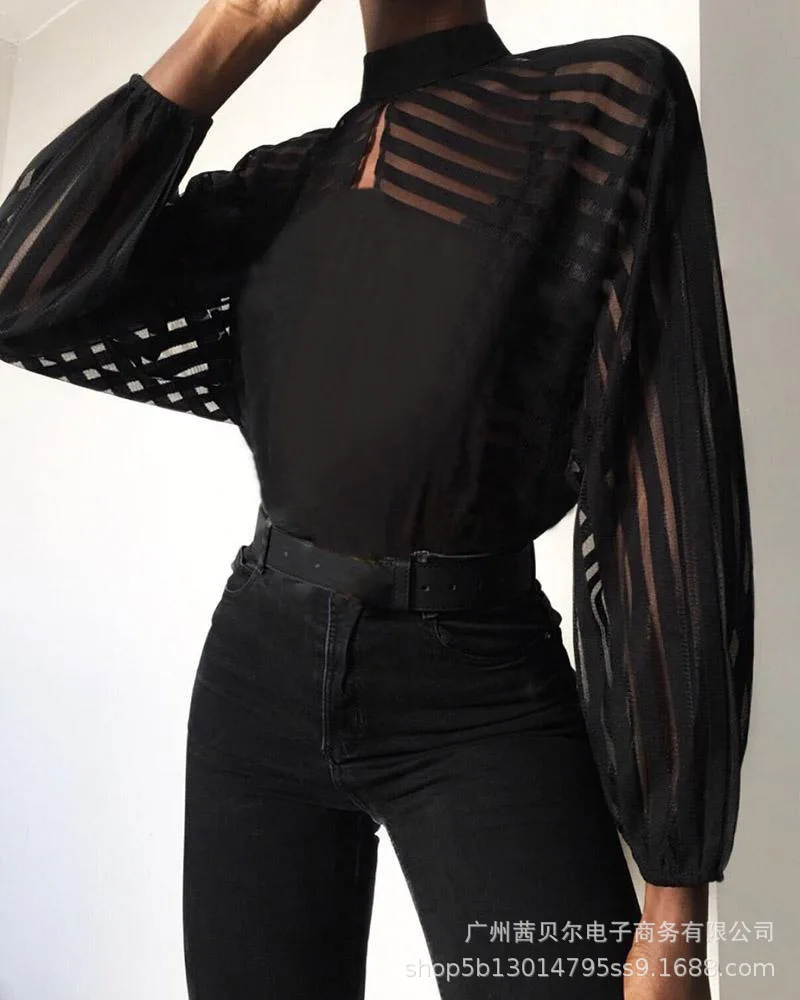 

WEPBEL Spring Summer Fashion Lantern Sleeve O-Neck Hollow Out Pullover Shirt Top Women's Sexy Mesh Stripes Stitching Blouses
