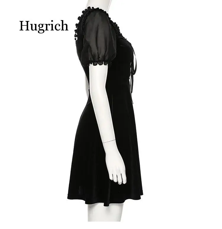 

Vintage Punk Gothic Dresses Women Harajuku Elegant Autumn 2021 Bandage Puff Sleeve Aesthetic Dress Pleated Transparent