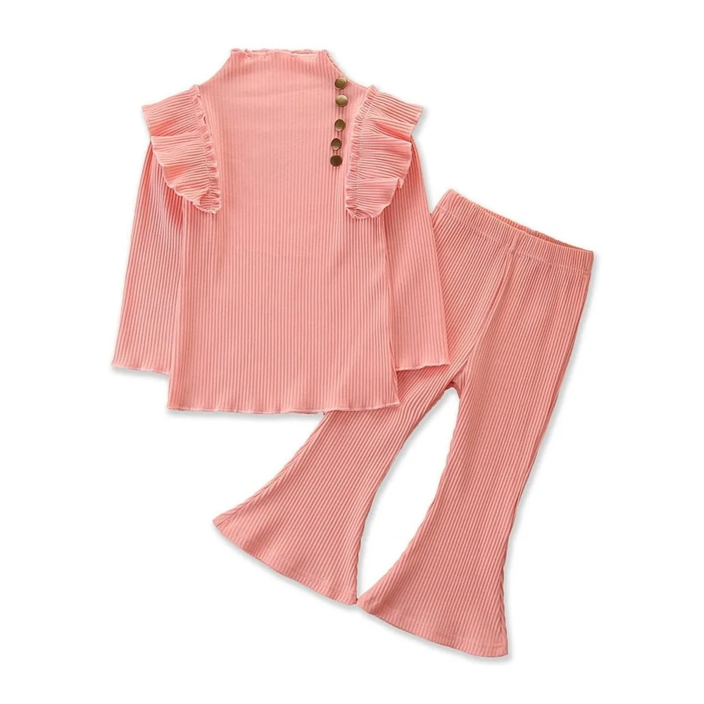 

2021 Butterfly Flower Side Button Top Flare Pant 2 Pieces Spring Autumn Toddler Clothes Set for Girl Solid Round Collar Children