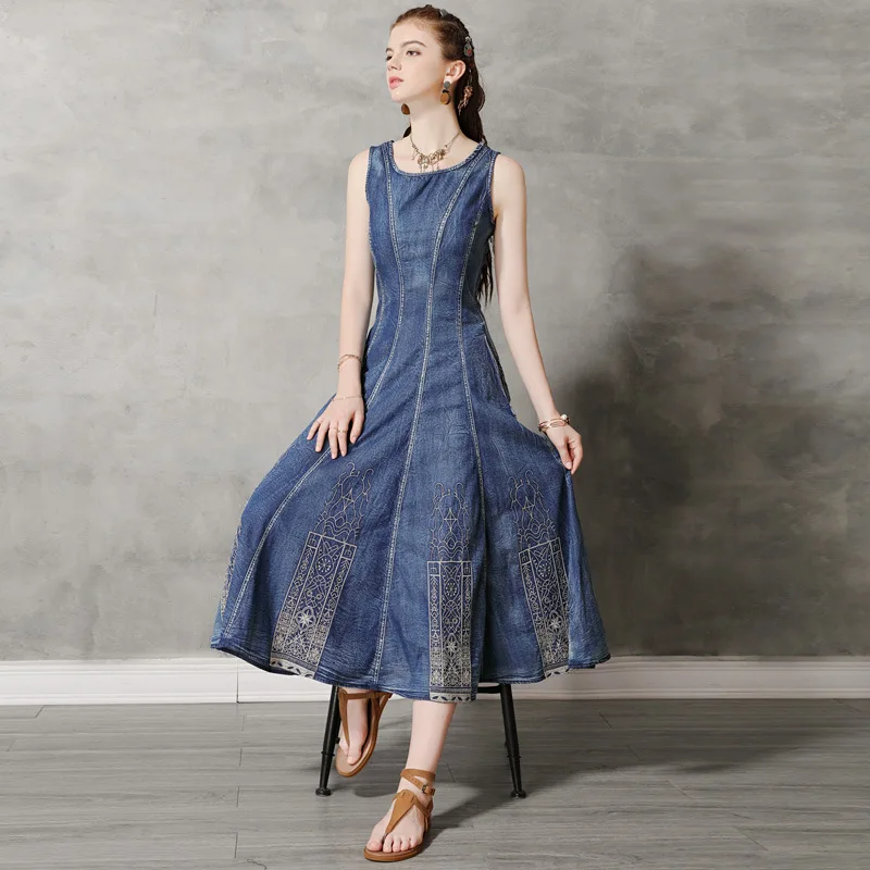 

A-line Dresses Women Clothes Spring Autumn Vest O-Neck Sleeveless Jeans Dress Vintage Embroidery Long Dresses Roupas Feminin