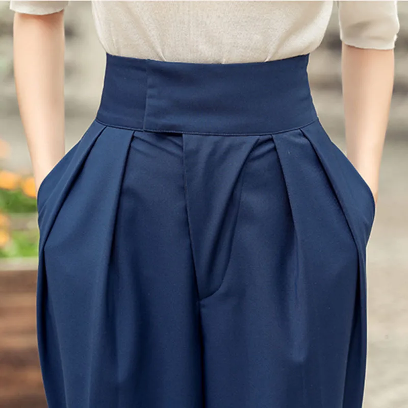 

New Arrivals Korean Fashion Harem Pants 2021 Summer Pleated High Waist Loose Office Lady Ankle-Length Women's Pants Blue Bottoms