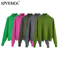 kpytomoa women 2021 fashion loose soft touch green knitted sweater vintage high neck long sleeve female pullovers chic tops