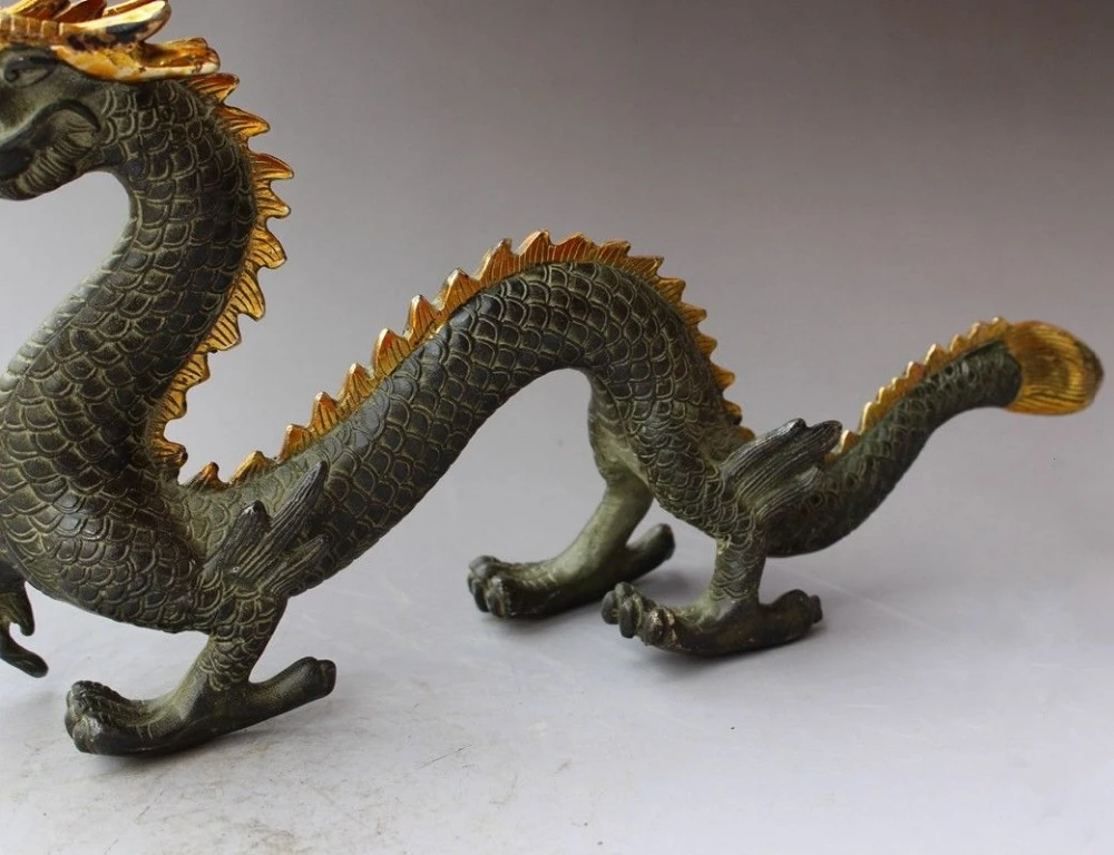 Китайская старинная бронзовая позолоченная Статуя китайского зодиака дракона