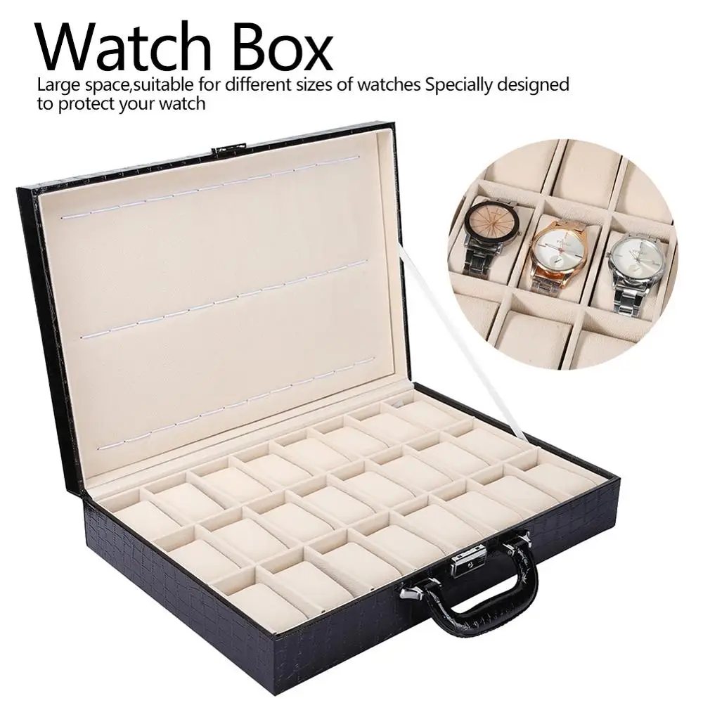 24 Grids Slots Watch Storage Box Suitcase Black PU Leather Velvet interior Watch Display Case Holder Organizer with Lock Gift