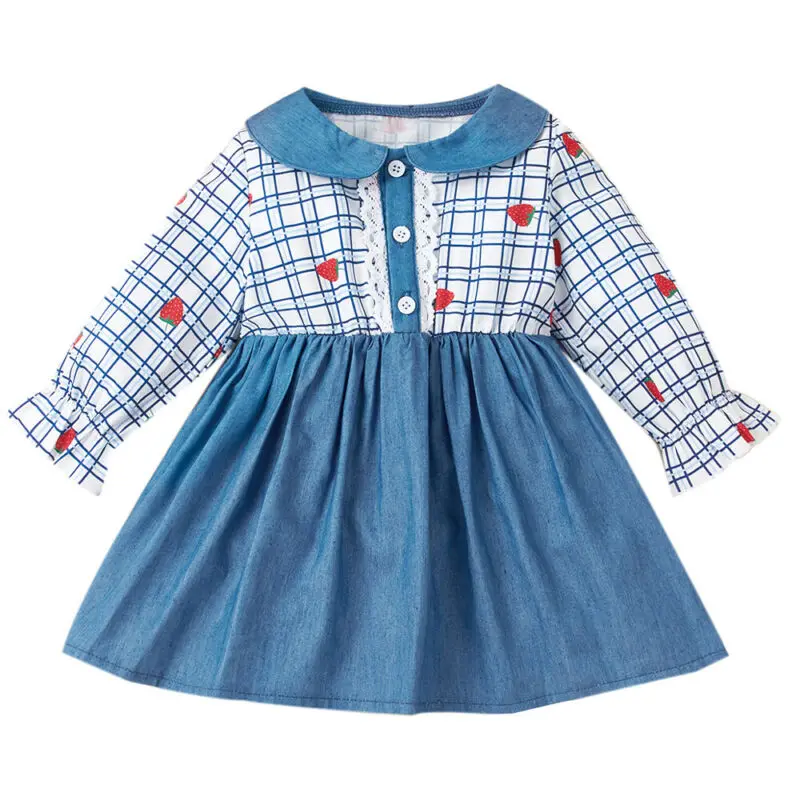 

Baby Long Sleeve Print Dress Lovely Blue Plaid Top Strawberry Pattern Casual Comfortable Stitching Cotton Pure Color Denim Skirt