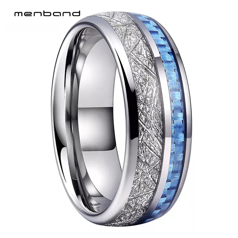 Anillo de boda de tungsteno de 8MM para hombre y mujer, con incrustaciones de fibra de carbono azul y meteorito, ajuste cómodo