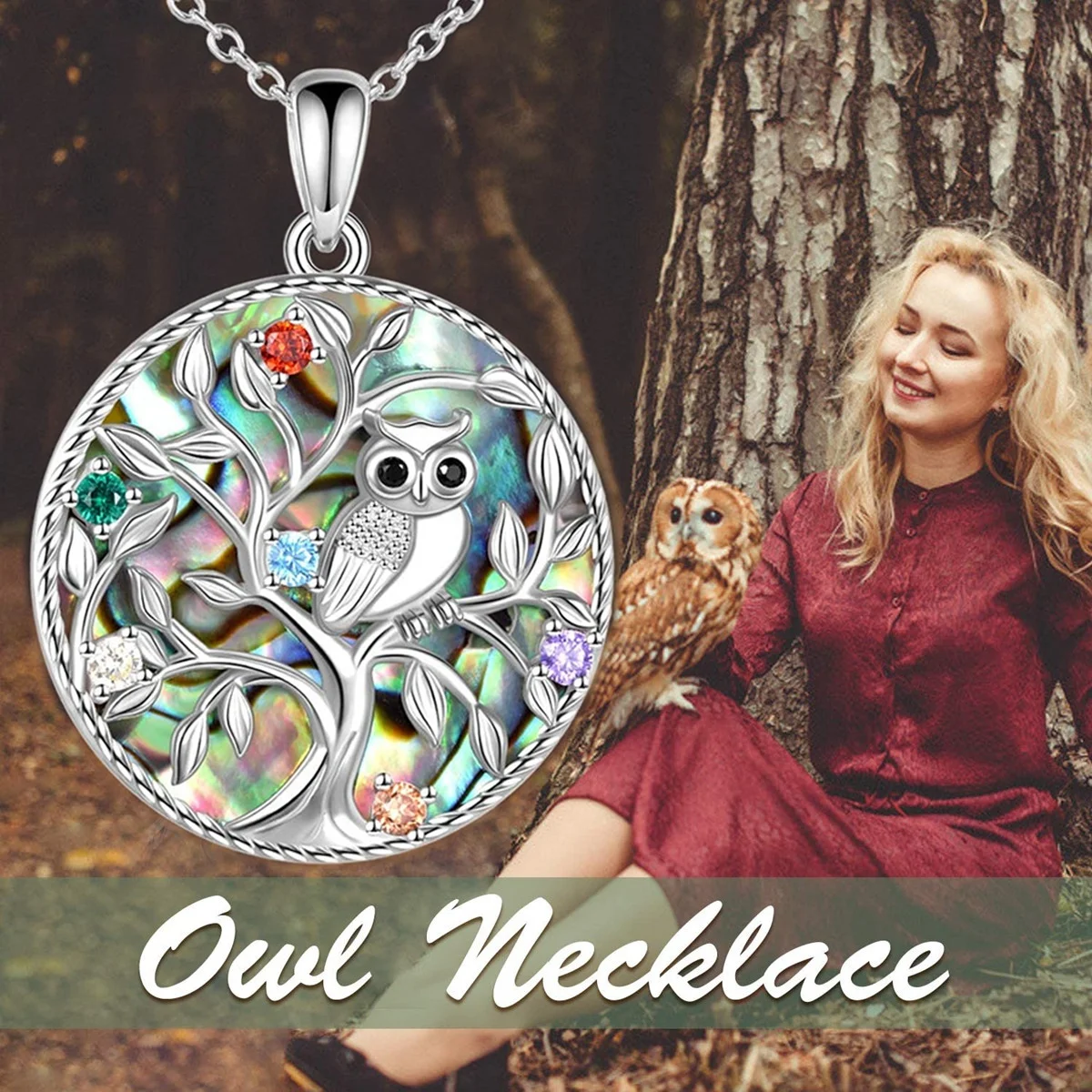 

Silver Owl Tree of Life Abalone Shell Necklace for Women Girls Cute Bird Red Blue CrystalCubic Zirconia Pendant Jewelry Collares
