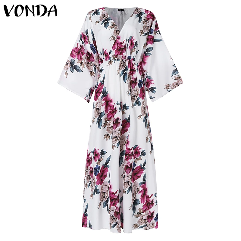 VONDA, осенне-летнее платье, женское, Цветочный, сексуальный сарафан, макси, длинное, Vestido, для вечеринки, пляжное платье, Femme, цветочный рисунок, размера плюс, 5XL