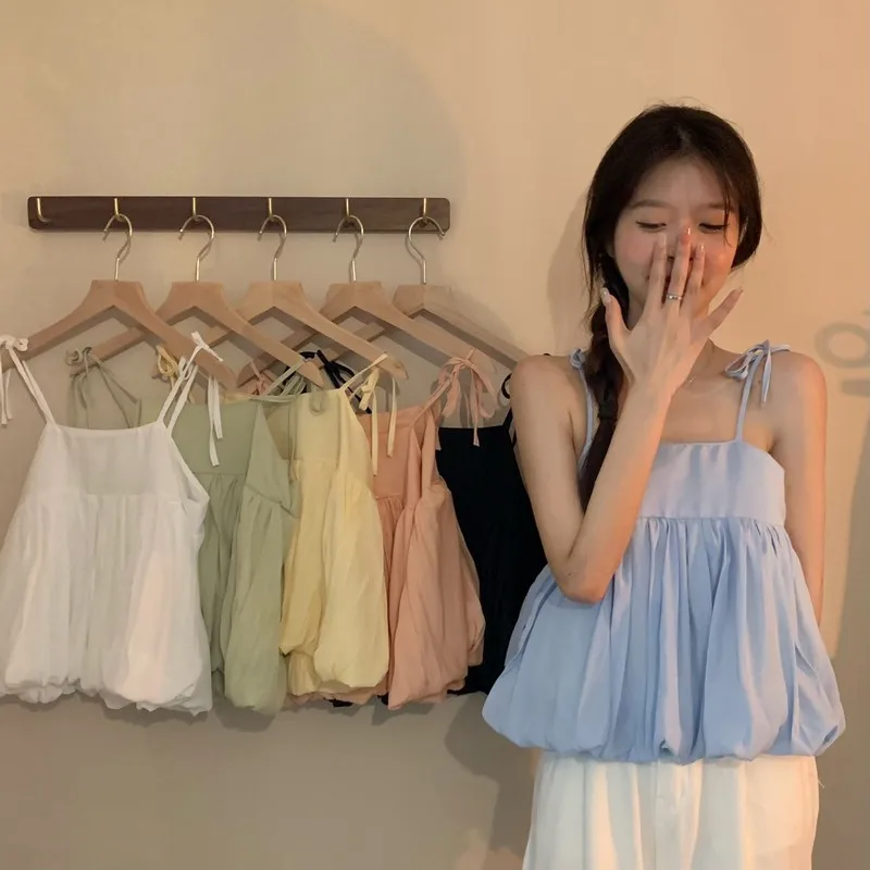 

Korean Summer New Doll Sling Vintage Sweety Bandage Bow Sleeveless Square Collar Backless Cute Folds Loose Bud Camis Tops