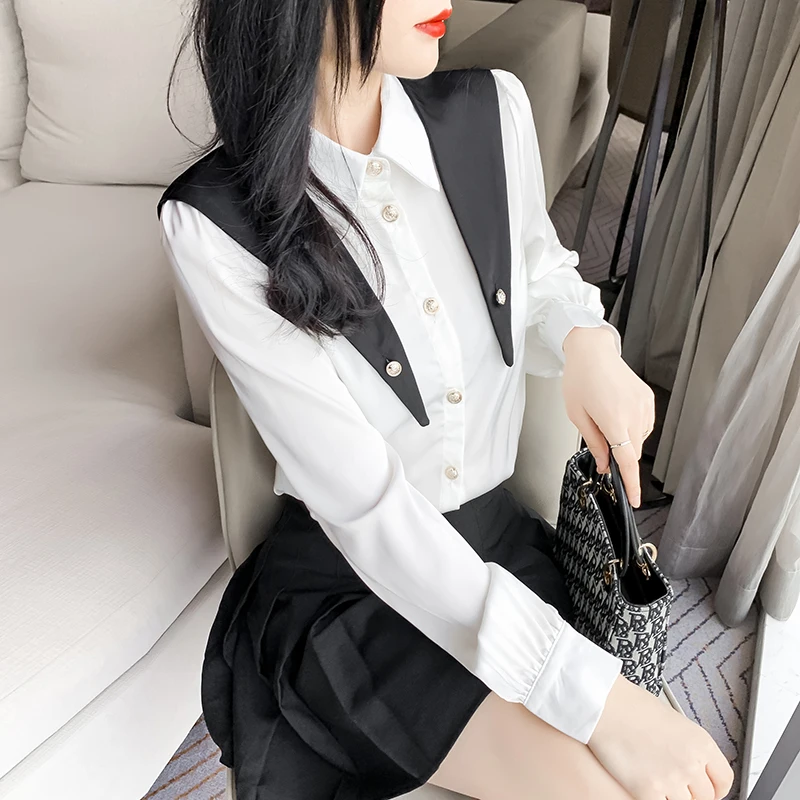 

Женская офисная блузка, черная элегантная рубашка с длинным рукавом и отложным воротником, в Корейском стиле, весна 2021