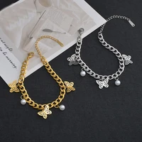 2021 new luxury stainless steel womens hand bracelets fashion vintage pearl butterfly charms bracelet for women jewelry