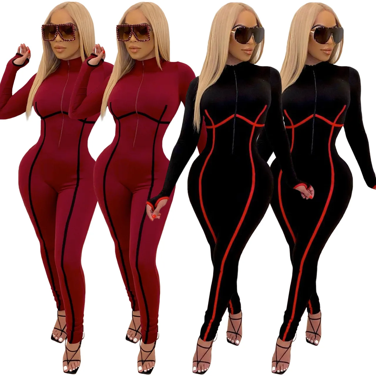 

Long sleeve one piece outfit bodycon jumpsuit women sexy zip-up rompers club outfits fall winter patchwork workout overalls