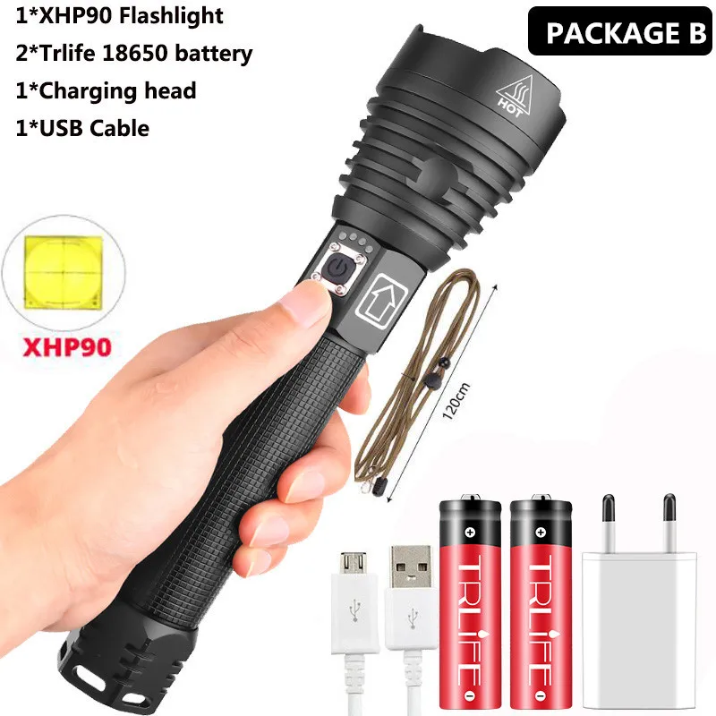 Option B Самый мощный светильник XHP90 светодиодный вспышка светильник USB масштабируемый фонарь 3 режима лампы 18650 26650 Перезаряжаемые Батарея для кемпинга - Испускаемый цвет: Option B