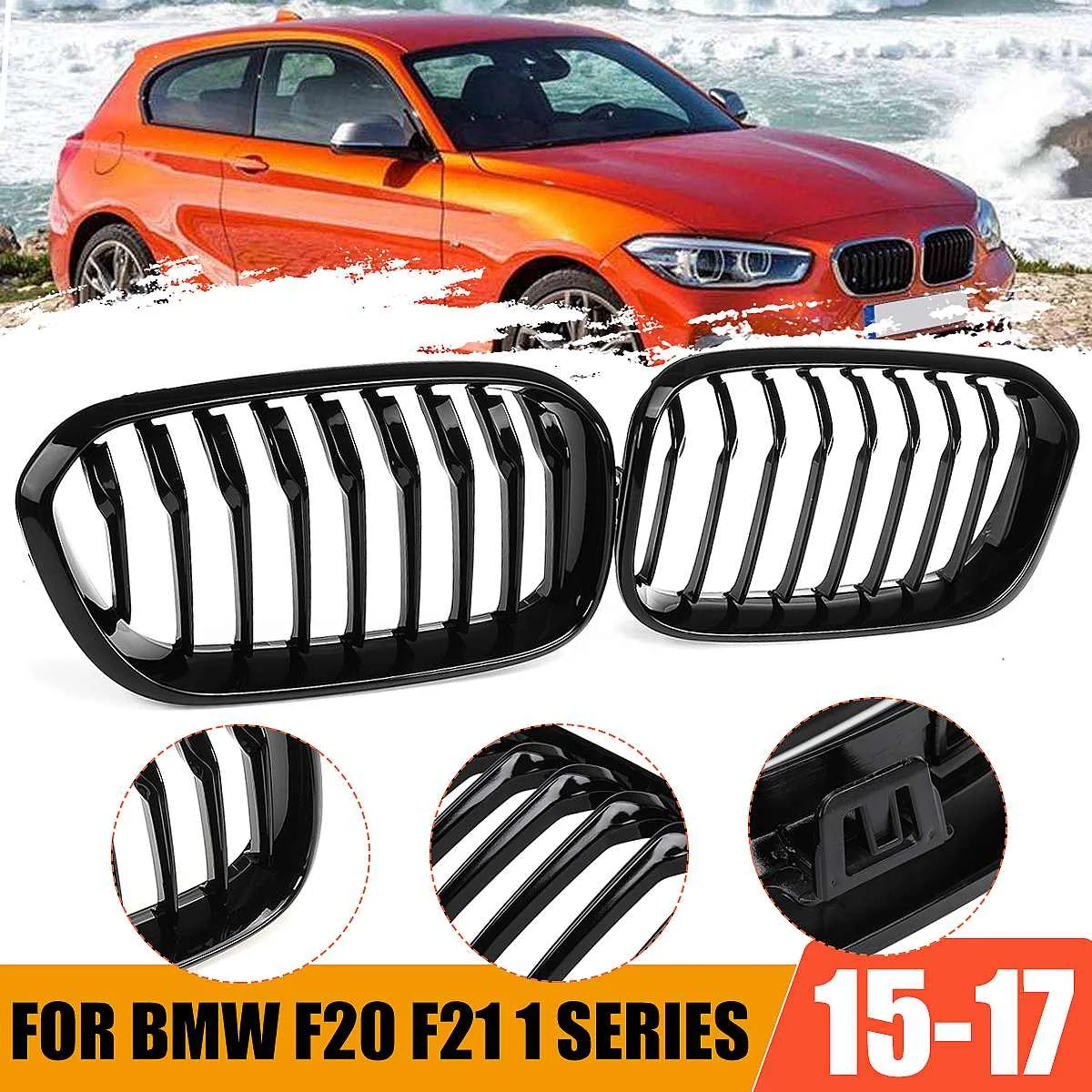 

2PCS Car Front Bumper Kidney Grilles Gloss Black 1 Slat For BMW F20 F21 LCI 5D 3D 1 Series 120i 2015 2016 2017 Racing Grille