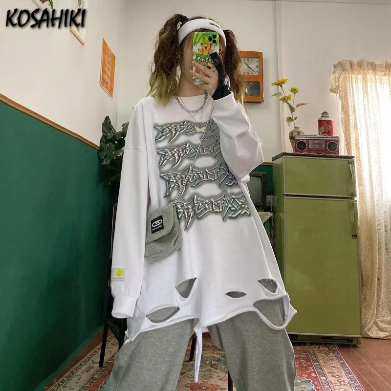 

KOSAHIKI 2021 с «дырками», для весны негабаритных Уличная Для женщин Свободные Harajuku с длинными рукавами рубашки для мальчиков рубашка с модным пр...