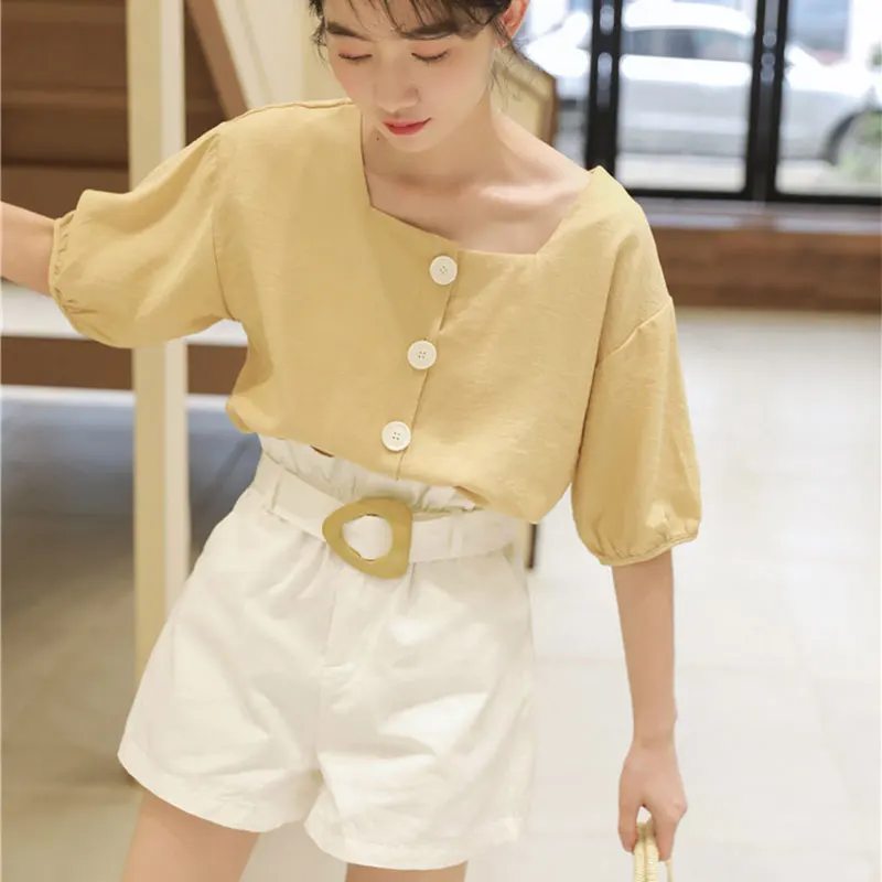 Шорты женские хлопковые с высокой талией белые свободные однотонные V10 лето 2021 |