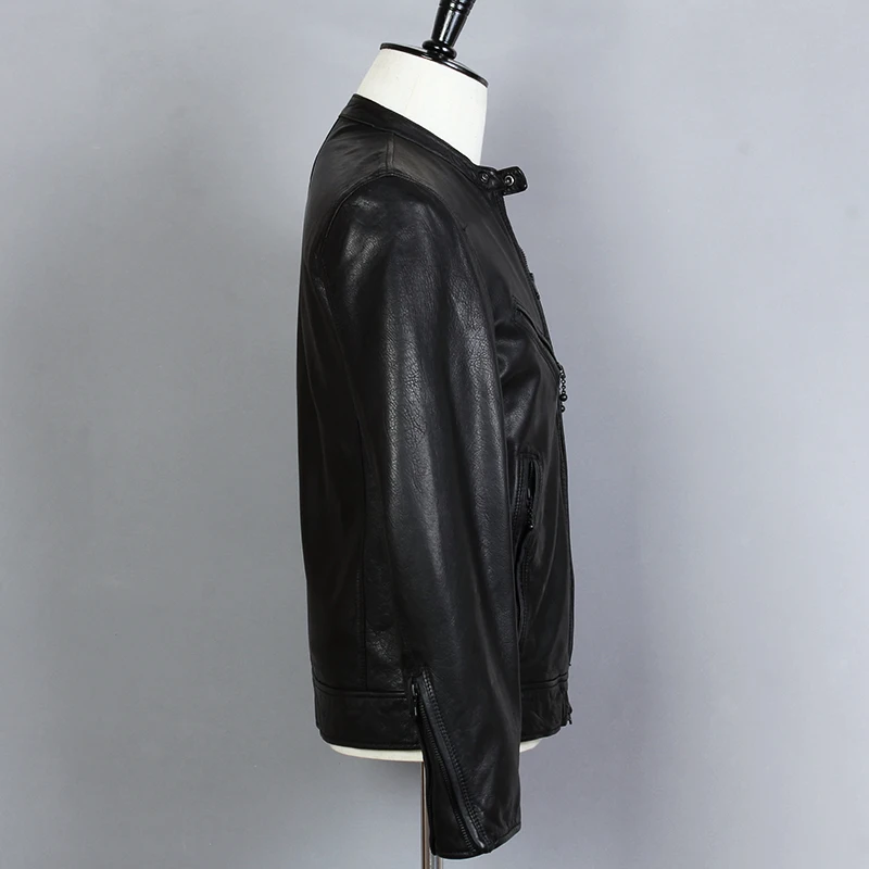 

Мужская Байкерская кожаная куртка, черная короткая мотоциклетная куртка из натуральной овечьей кожи с воротником-стойкой, 2021