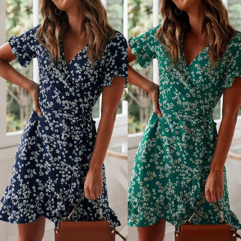 

2020 Summer New Dress Women Floral Print V Neck Lace High Waist Chiffon Dress Casual Temperament Large Size Dress Women Tops